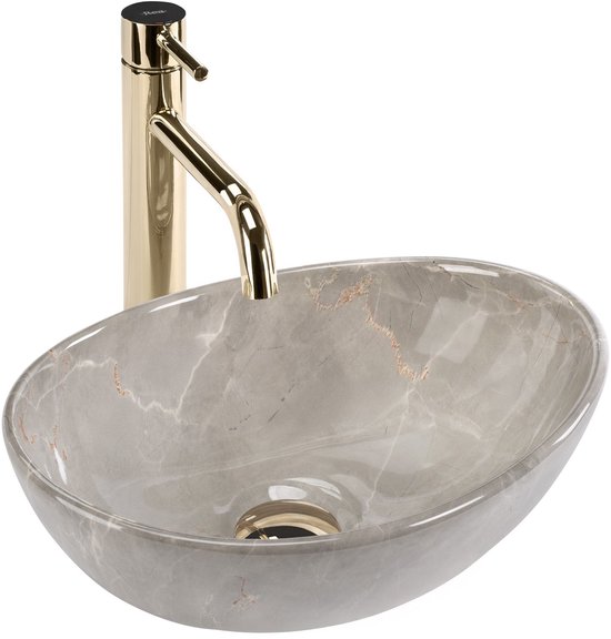Grijze ovale waskom met marmerlook en gouden kraan.