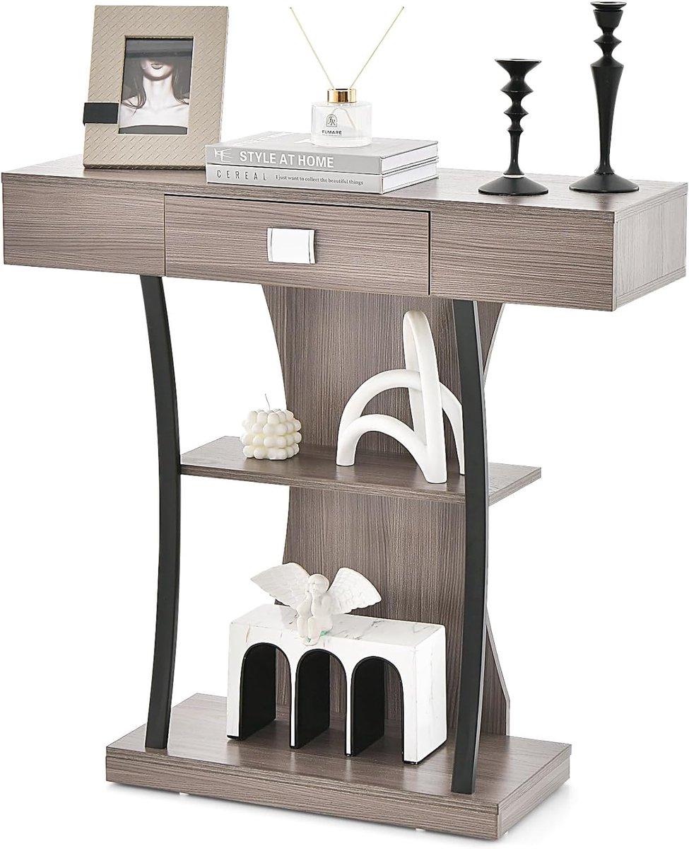 COSTWAY Consoletafel van hout, met laden en metalen frame en 2 planken, smalle gangtafel, bijzettafel met kantelbeveiliging, voor entree en woonkamer