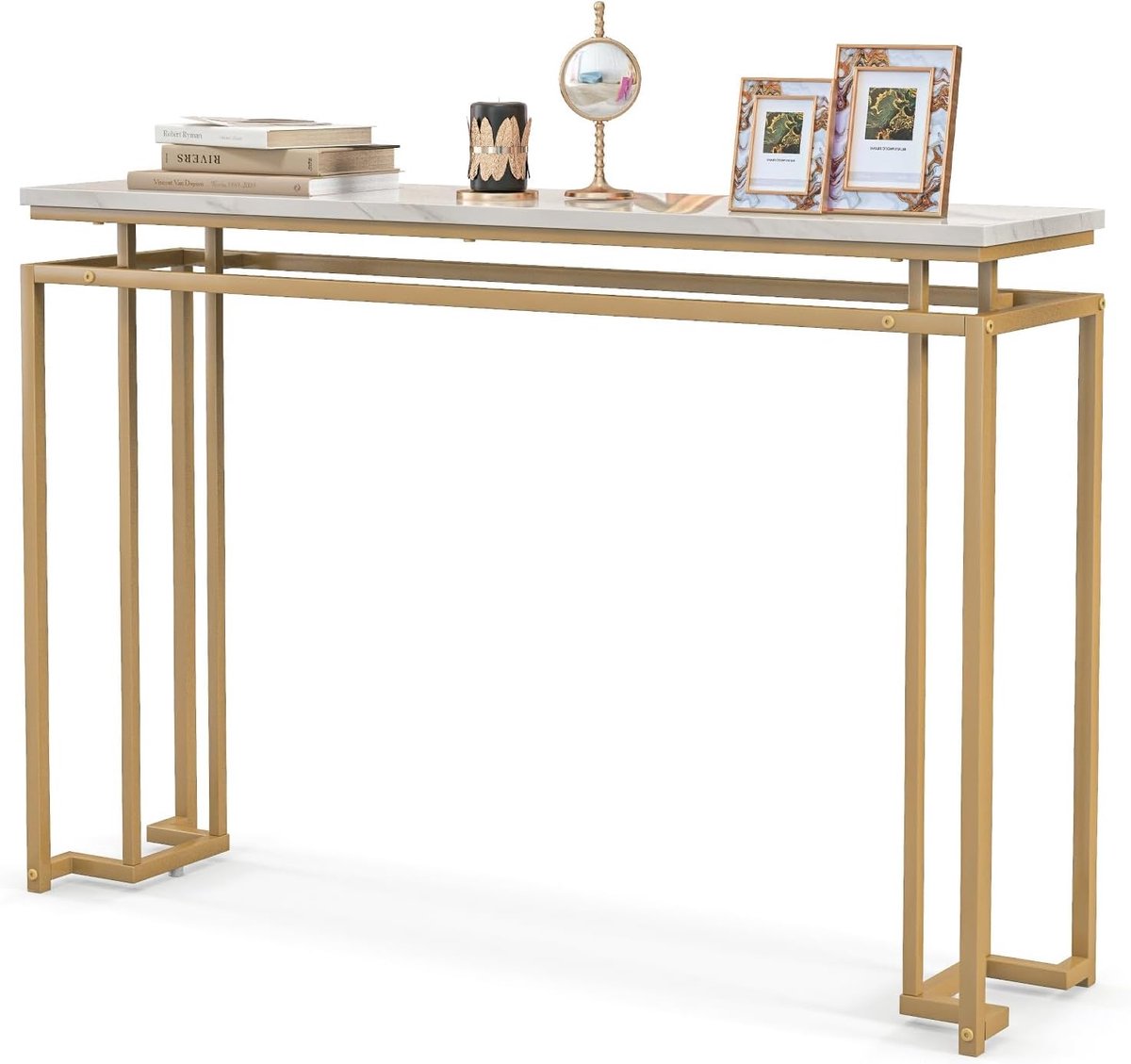 COSTWAY Consoletafel, marmerlook, haltafel, smal, bijzettafel met metalen frame, entreetafel voor entree, woonkamer, hal, 120 x 30 x 80,5 cm, goud, VH33424ITDE