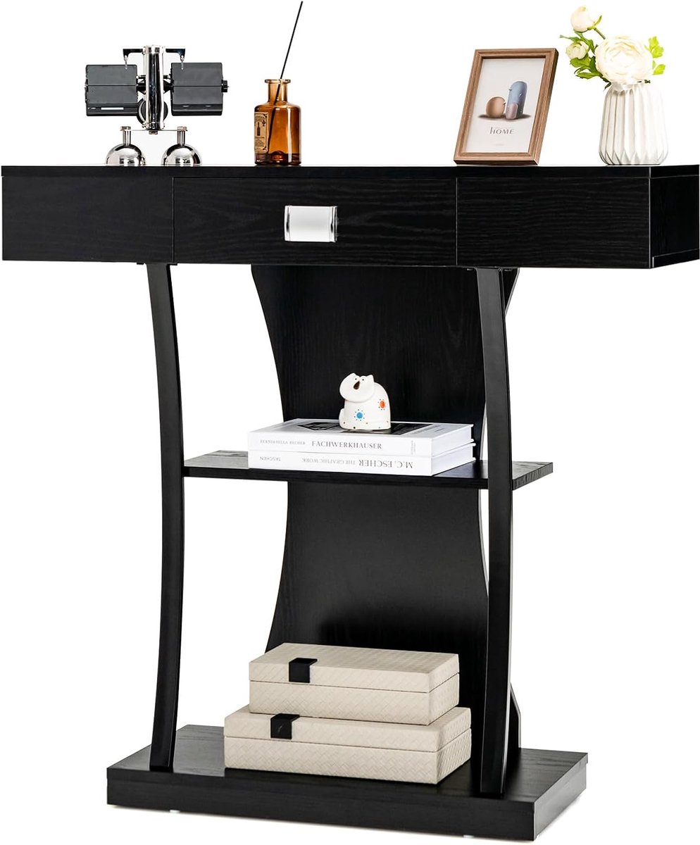 COSTWAY Consoletafel hout, met schuifladen, metalen frame en 2 planken, haltafel, smal, bijzettafel met kantelbeveiliging, voor entree en woonkamer
