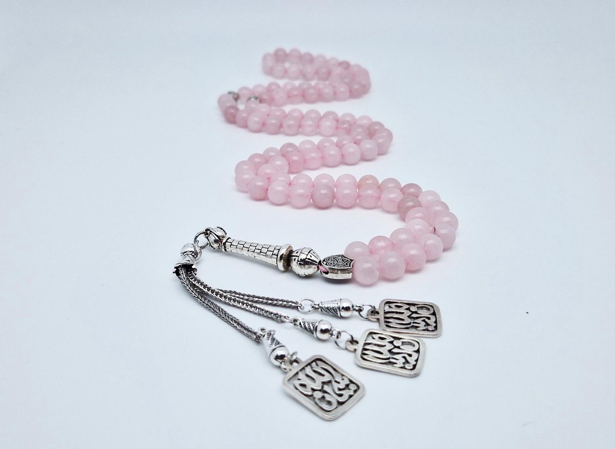 Handgemaakte tesbih "Tasbih" natuursteen "Roze kwartz" - Aantal kralen 99 - Diameter kralen 8MM - met metaal tassel "Subhan Allah" - Een mooi cadeau-idee