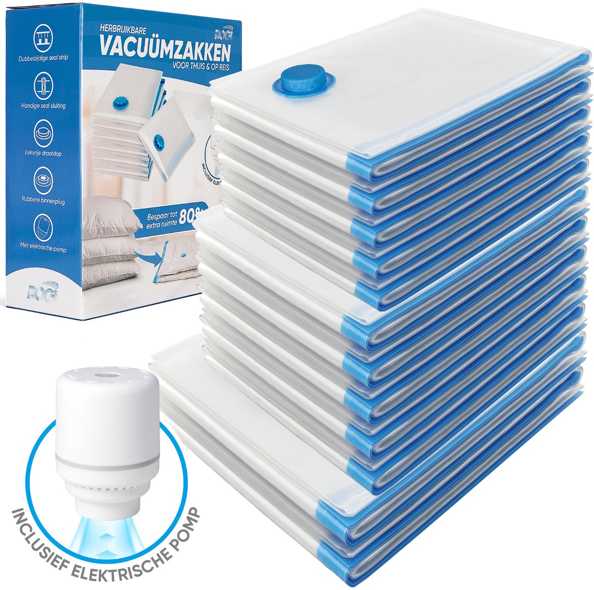 13 Stuks Rogi Vacuumzakken met elektrische pomp - Uitermate geschikt voor vacumeren van dekbedden & kleding - Reiszakken - Vacuum Opbergzakken