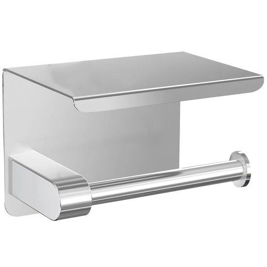 Porte-rouleau de toilette argenté au design épuré et moderne.