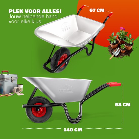 Zilverkleurige kruiwagen met zwart frame, rode handvatten, getoond met afmetingen 140cm breed en 67/58cm hoog. Ook een plantenbak.