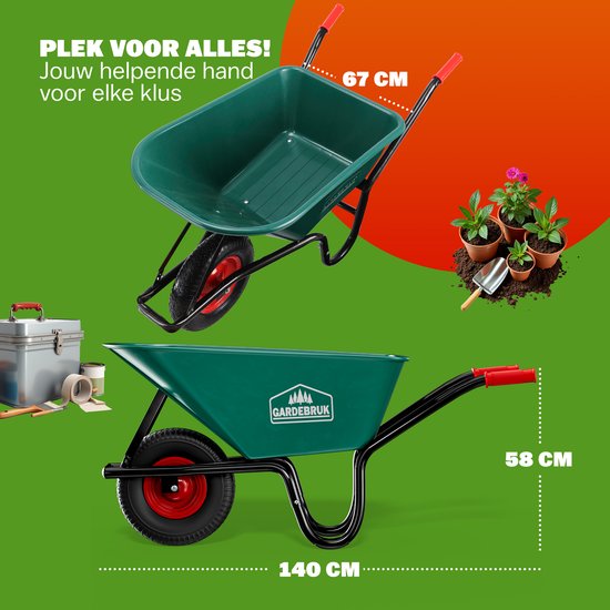 Groene kruiwagen met rode handvatten. Afmetingen: 67 cm, 58 cm, 140 cm.