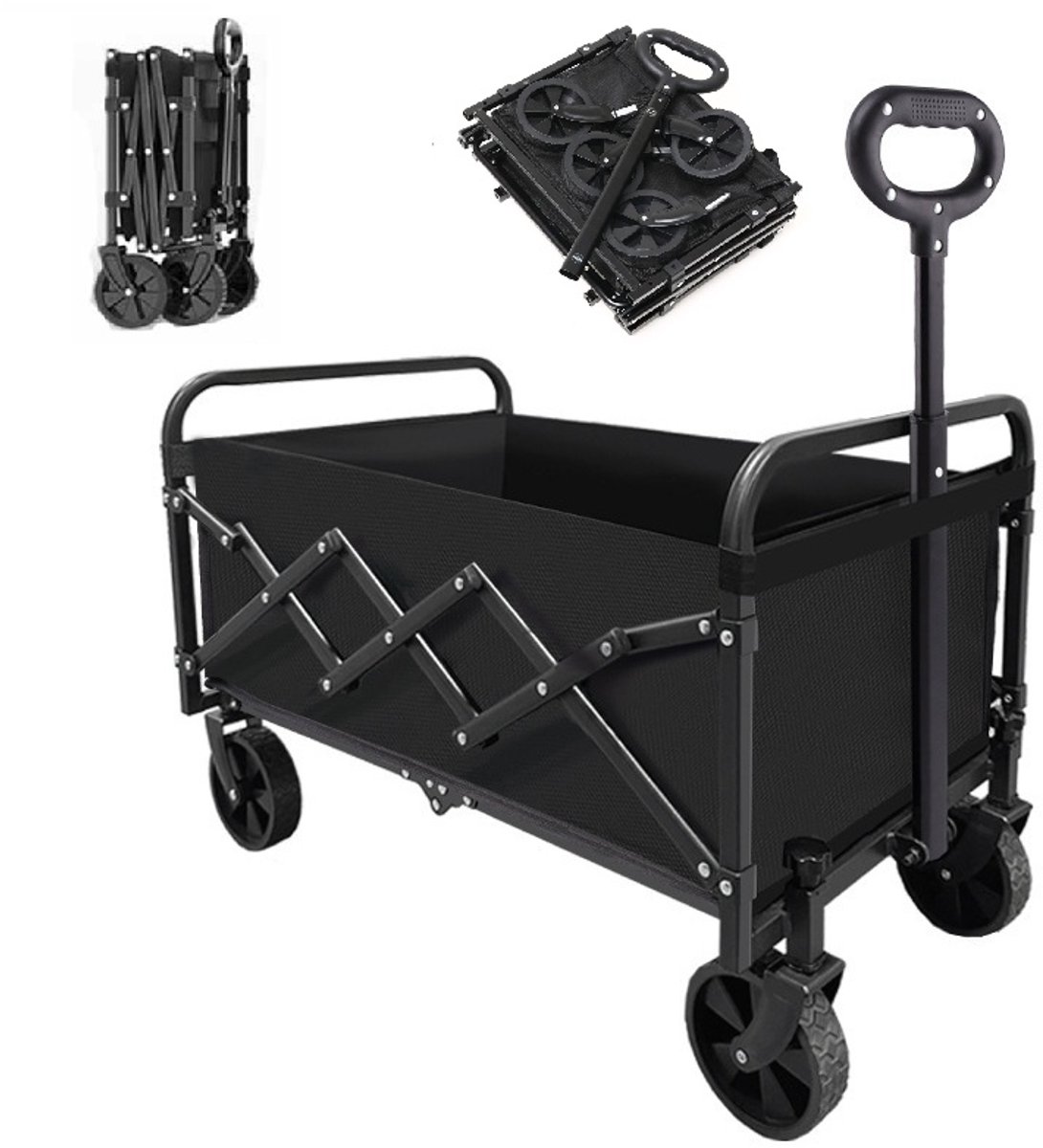 Opvouwbaar Bolderkar- Afneembare wielen - Tot 150kg Draagvermogen - 66x42x47cm -Camping Bolderwagen-kampeerkar- Inhoud 100L Bolderwagen met Duwstang - Opvouwbare Draag Kar - Bolder Wagen Strandkar -Dubbellaags verdikte doek- Kampeerkar-Zwart