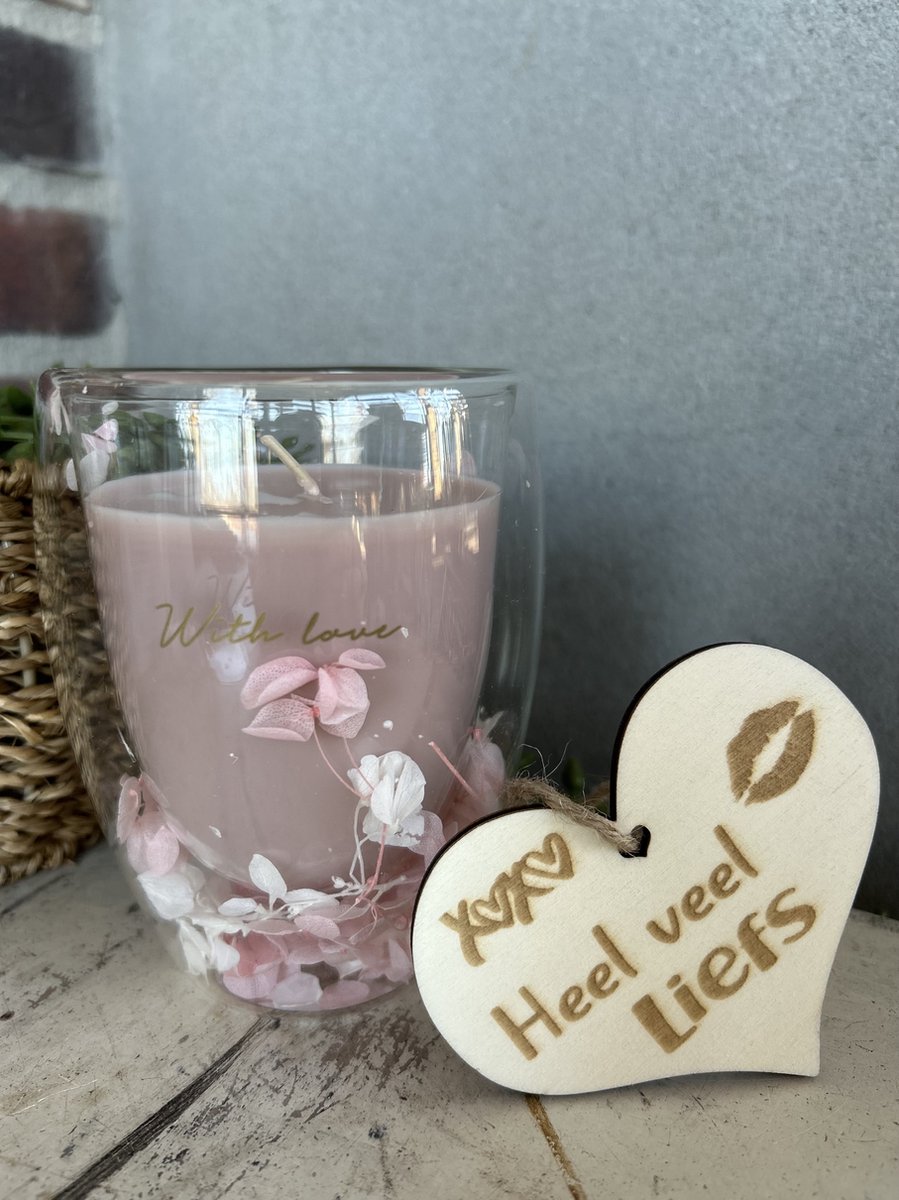 Creaties van hier Theeglas - Sojakaars with love met houten hartje - FRESH COTTON - Glas