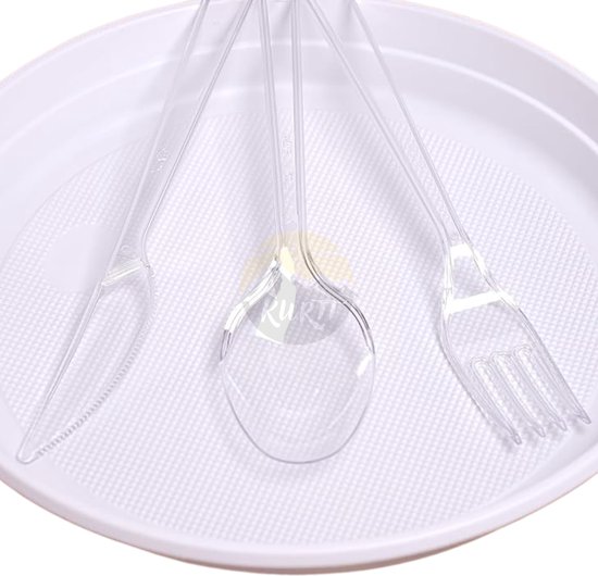 KURTT Herbruikbare bestekset - 100x messen 100x vorken 100x lepels - 300 stuks - bestekset transparant 19 cm - bestek - Stevig en Herbruikbaar - BPA Vrij - Vaatwasbestendig - Reusable - wegwerp vorken - vorken - lepels - messen - 300 stuks