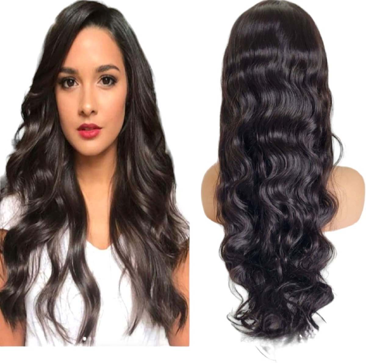 Frazimashop-Indian Human Hair body wave Wigs- golf pruiken natuurlijk bruine 4x4 lace closure wig - 22 inches - 55 cm- Pruik dames echt haarstuk