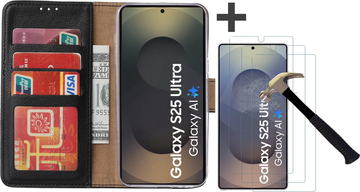 Hoesje met 3 Stuks Screenprotectors Geschikt voor Samsung Galaxy S25 Ultra – Arara bookcase met pasjeshouder - Zwart