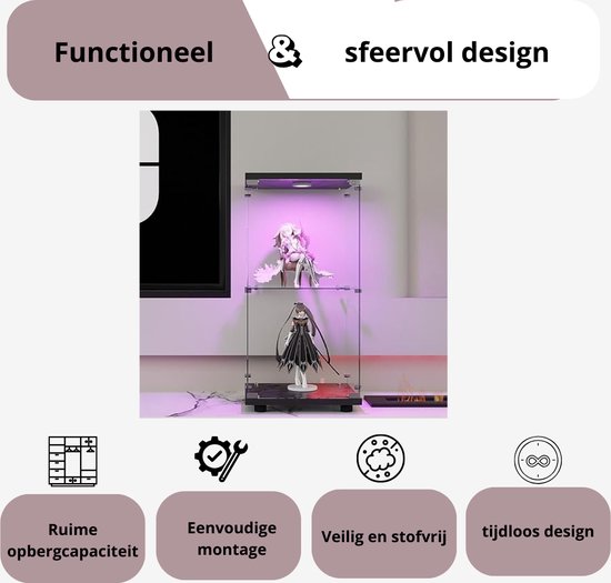 Nynelly Acryl Vitrinekast met Led Licht voor Verzamelobjecten, 5 Niveaus Plexiglas Vitrine met Deur en Treden, Assembleer Stofdichte Showcase voor Figuren, Funko Pop, Miniatuur, Wit