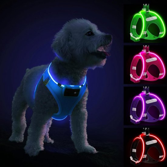 YIAZIM Lichtgevend hondentuigje anti-trek LED hondenharnas met handvat, oplaadbaar reflecterend verlicht hondentuigje comfortabel 4-punts verstelbaar