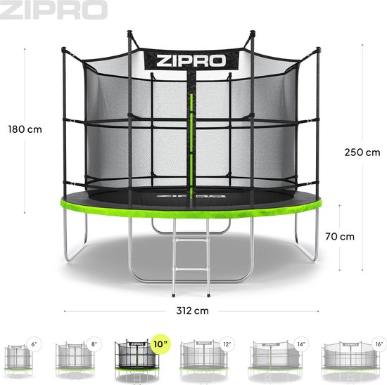 ZIPRO Jump Pro IN - Trampoline - Ø312cm 10FT - Trampoline met veiligheidsnet - Voor kinderen - Inclusief Ladder - max. 150 kg