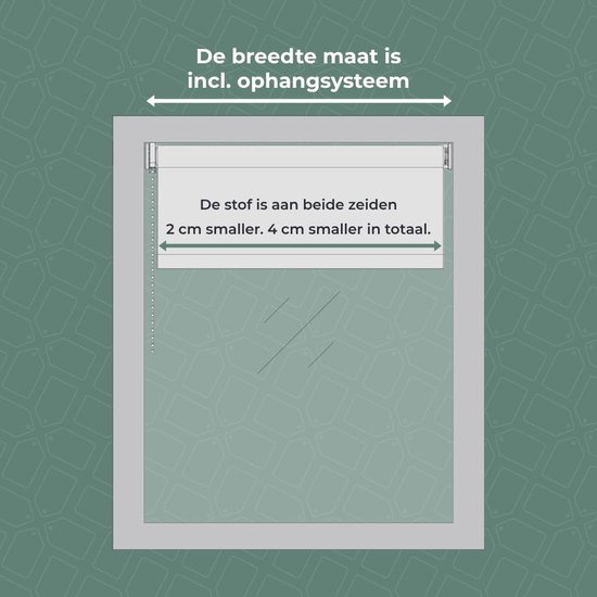 Illustratie van een rolgordijn met tekst die de afmetingen aangeeft: 'De breedte maat is incl. ophangsysteem' en 'De stof is aan beide zijden 2 cm smaller. 4 cm smaller in totaal.'.