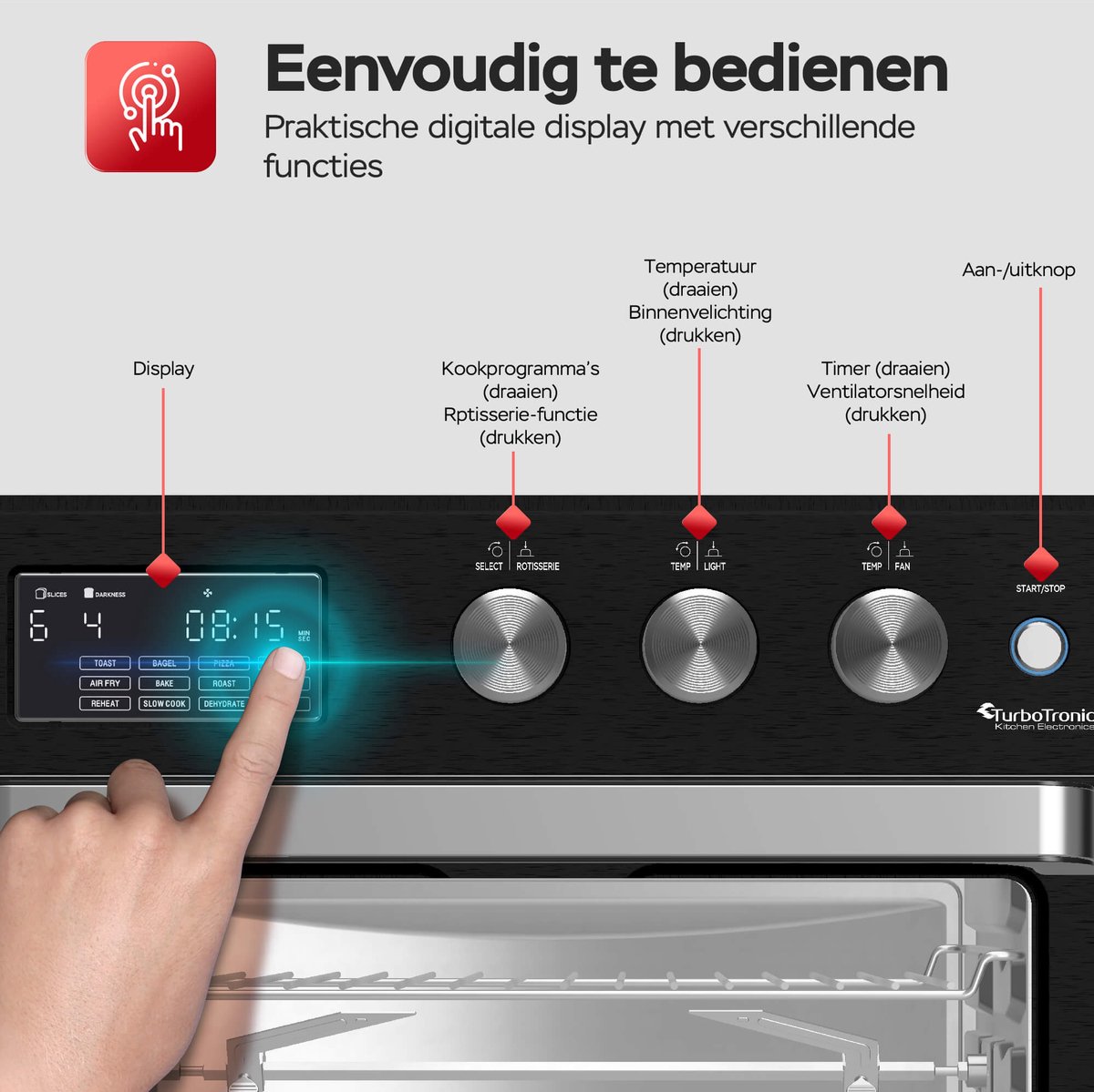 TurboTronic AF32DRD Airfryer XXL en Mini Oven – 32 Liter – Vrijstaande Oven – 12 Kookprogramma’s – 25° tot 230°C – Zwart — afbeelding 7