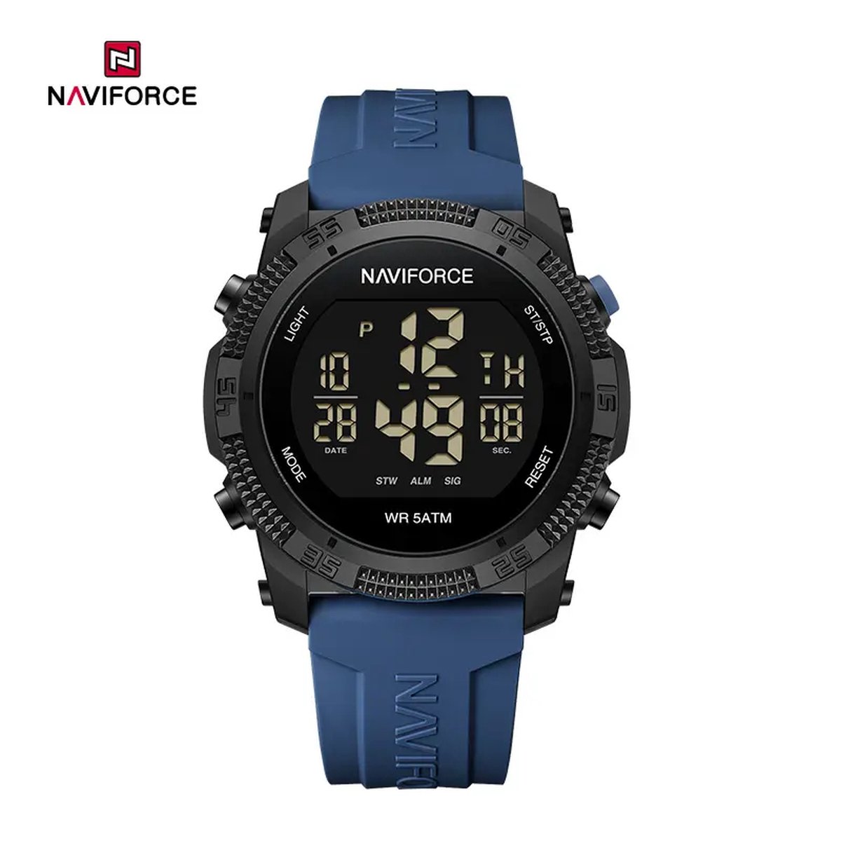NAVIFORCE digitaal horloge voor mannen, met blauwe silica polsband, zwarte uurwerkkast en zwarte wijzerplaat ( model 7104 BBE ), verpakt in mooie geschenkdoos