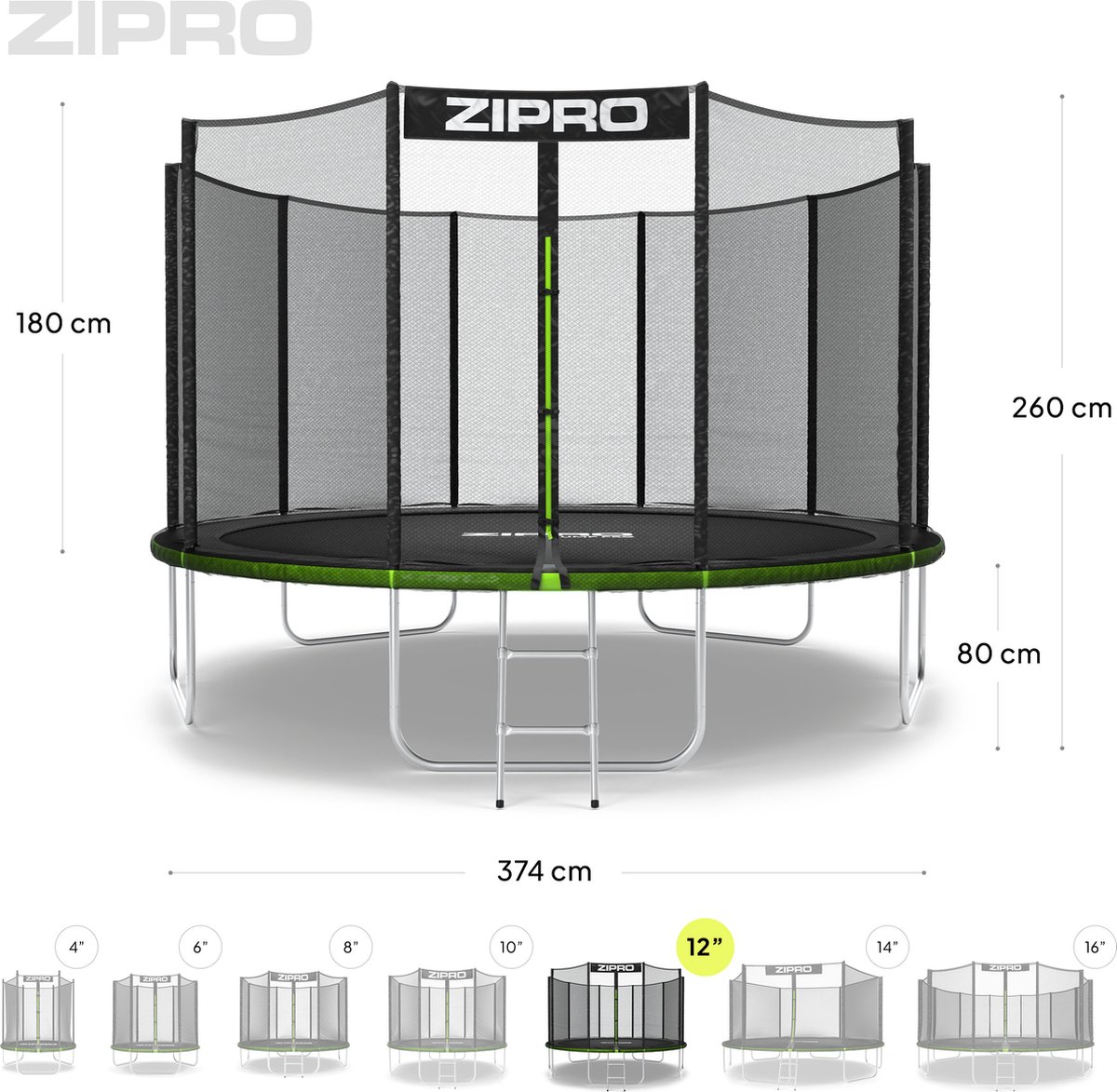 ZIPRO Jump Pro OUT - Trampoline - Ø374cm 12FT - Trampoline met veiligheidsnet - Voor kinderen - Inclusief Ladder - max. 150 kg - UV-bestendig — afbeelding 6