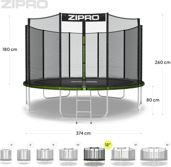 ZIPRO Jump Pro OUT - Trampoline - Ø374cm 12FT - Trampoline met veiligheidsnet - Voor kinderen - Inclusief Ladder - max. 150 kg - UV-bestendig