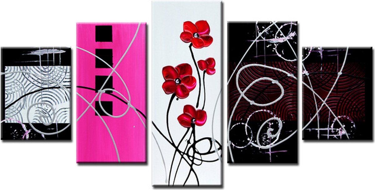 karo-art Schilderij - Bloemen in het abstract, 5 luik, 160x80cm. Print op canvas Multikleur