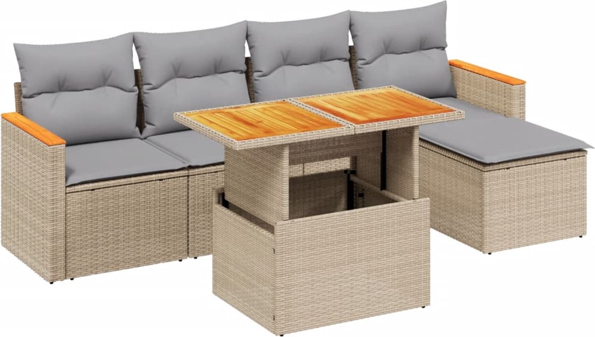 The Living Store 6-delige Loungeset met kussens poly rattan beige - Loungebank - Lounge Set - Tuinset - Buitendecoratie - Outdoor Furniture