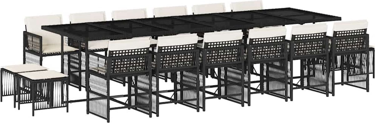 The Living Store 17-delige Tuinset met kussens poly rattan zwart - Tuinmeubels - Buitenkamer - Lounge Set - Eetgroep - Bistro Set