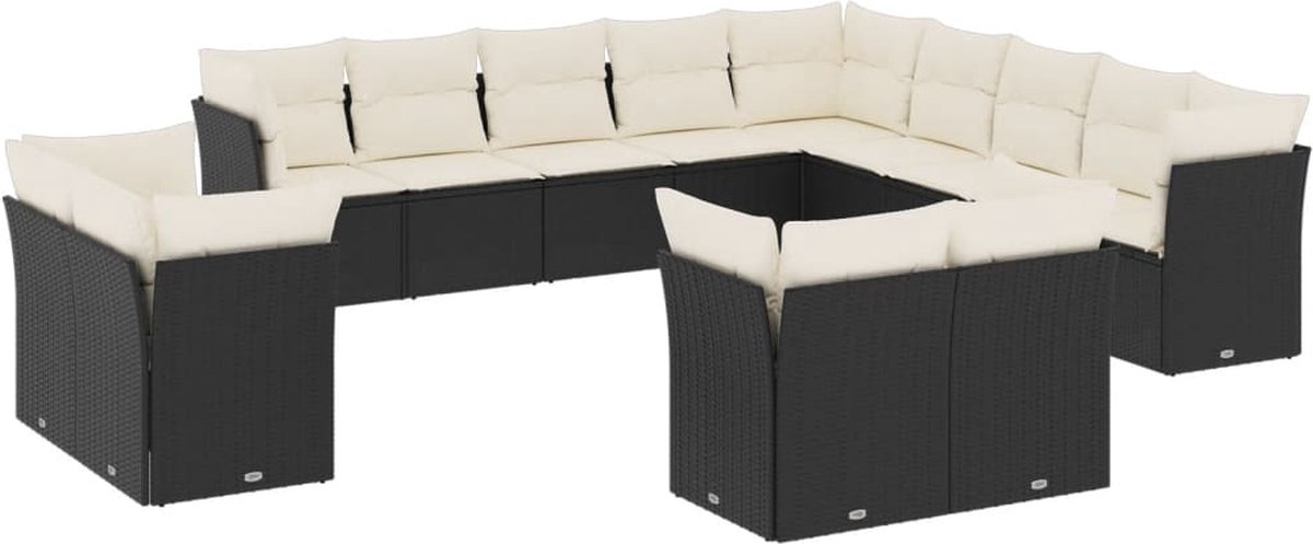 The Living Store 13-delige Loungeset met kussens poly rattan zwart - Loungebank - Tuinset - Lounge Set - Buis Meubel - Tuinbank