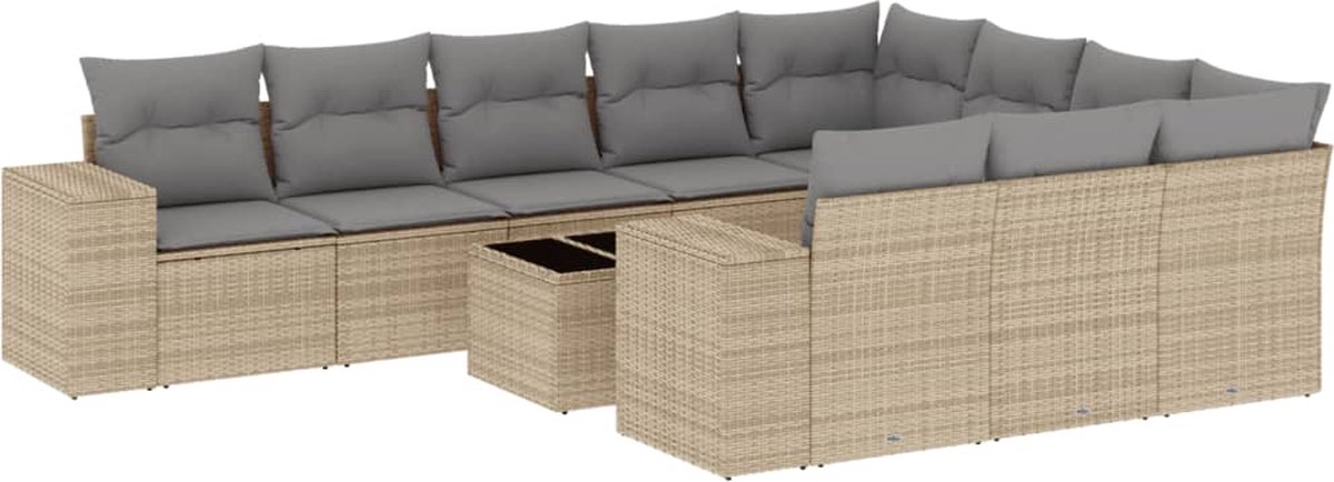 The Living Store 11-delige Tuinset met kussens poly rattan beige - Loungeset - Tuinmeubels - Lounge Set - Tuinbank - Hoeksofa