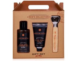 cadeau mannen - Stoere badset met flesopener in kratgeschenkverpakking van kraftpapier - Men's Collection - Giftset man KERSTGESCHENK NIEUWJAARGESCHENK