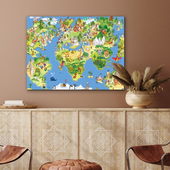 Aluminium schilderij 80x60 cm - Wanddecoratie metaal - Wereldkaart - Kinderen - Natuur - Dieren - Blauw - Groen - Metalen muurdecoratie woonkamer - Decoratie industrieel - Foto op dibond - Industriële accessoires slaapkamer