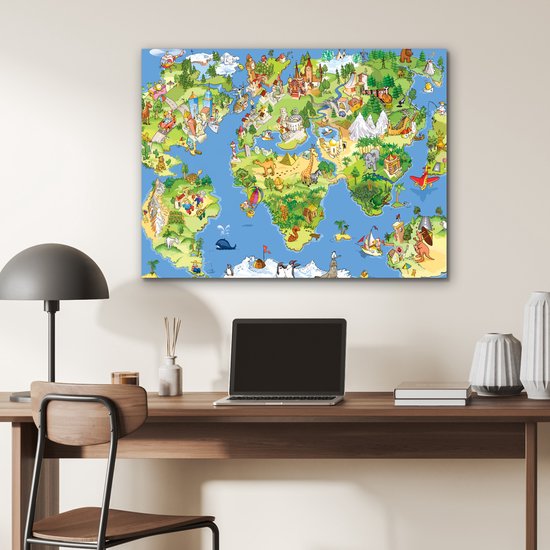 Aluminium schilderij 80x60 cm - Wanddecoratie metaal - Wereldkaart - Kinderen - Natuur - Dieren - Blauw - Groen - Metalen muurdecoratie woonkamer - Decoratie industrieel - Foto op dibond - Industriële accessoires slaapkamer