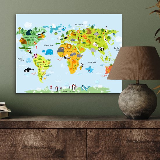 Décoration murale Métal - Peinture Aluminium Industrielle - Wereldkaart - Enfants - Animaux - Nature - Garçons - Filles - 40x30 cm - Dibond - Photo sur aluminium - Décoration murale industrielle - Pour le salon / chambre