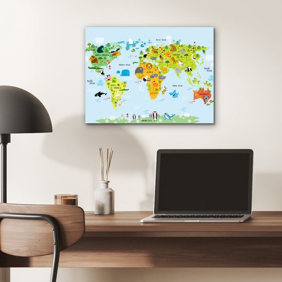 Décoration murale Métal - Peinture Aluminium Industrielle - Wereldkaart - Enfants - Animaux - Nature - Garçons - Filles - 40x30 cm - Dibond - Photo sur aluminium - Décoration murale industrielle - Pour le salon / chambre