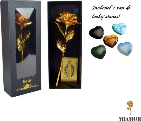 MiAmor Golden Rose - Avec pierre porte-bonheur - Rose dorée 24 carats - Astuce cadeau - Cadeau - Coffret cadeau de Luxe - Avec certificat - Cadeau de Noël pour femme - Cadeau de Noël pour homme