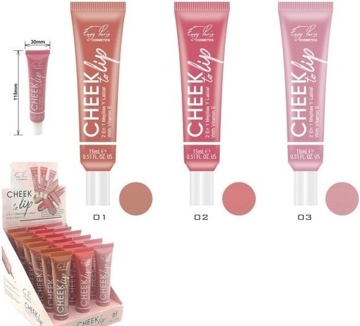 Easy Paris Cosmetics - Blush - Lipgloss - Lipstick - Lippenbalsem - Rouge - Vloeibaar - Cheek to Lip - 2 in 1 - Vitamine E - Bruin Roze - Rood Roze - Roze - Set van 3