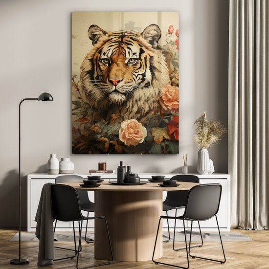 MuchoWow® Glasschilderij 90x120 cm - Schilderij acrylglas - Vintage - Tijger - Bloemen - Dieren - Wit - Foto op glas - Muurdecoratie woonkamer - Wanddecoratie slaapkamer - Schilderijen
