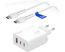 65w usb-C Oplader met 3 Poorten (2x usb-C + 1x usb-A) - Inclusief 2x usb C naar usb-C Kabels - Snellader voor Laptop en Telefoon