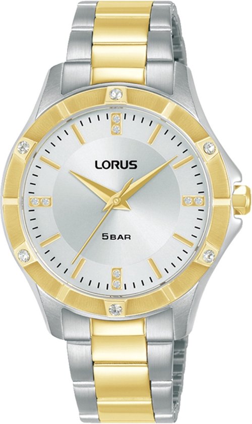 Lorus dameshorloge met gouden en zilverkleurige band, witte wijzerplaat met gouden accenten en fonkelende steentjes.