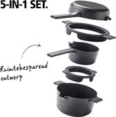 Brabantia Compact All-in-one-set – Stapelbare (3)5 delige Pannenset- 22cm Kookpan – 22cm Koekenpan- 16cm Steelpan- Trendy Design-Stapelbaar - 100% PFAS-vrij – 100% gerecycleerd - Anti-aanbaklaag- Aluminium- - Incl. onderzetters - Zwart