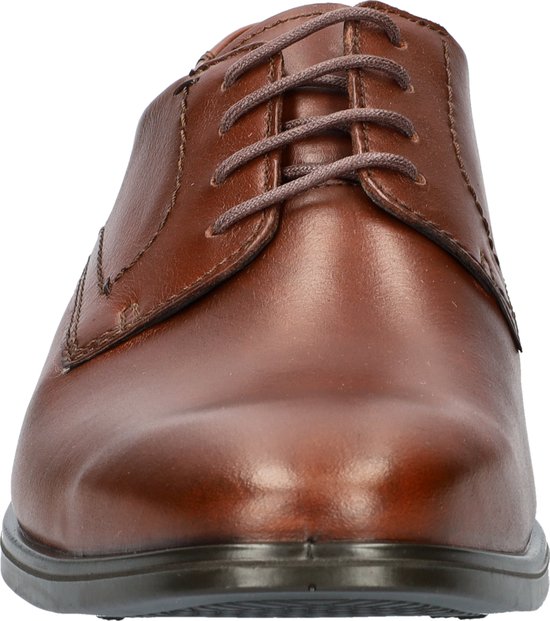 Bruine leren veterschoen, de voorkant met veters.