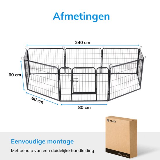 Zwarte metalen puppyren met 8 panelen, 60 cm hoog, 240 cm breed, met deur en afmetingen.