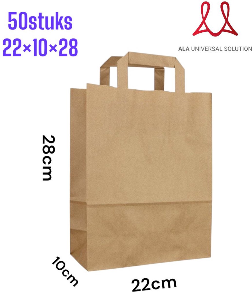 Papieren Tas - 50 stuks - Bruin - 22+10x28cm - Platte Handvat / papieren draagtassen