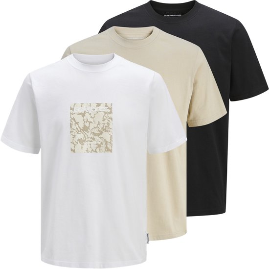 JACK&JONES JCOTARMAC CAMO FRONT TEE SS CREW 3PK MP Heren T-shirt - Pure Cashmere W.Black+Bright White