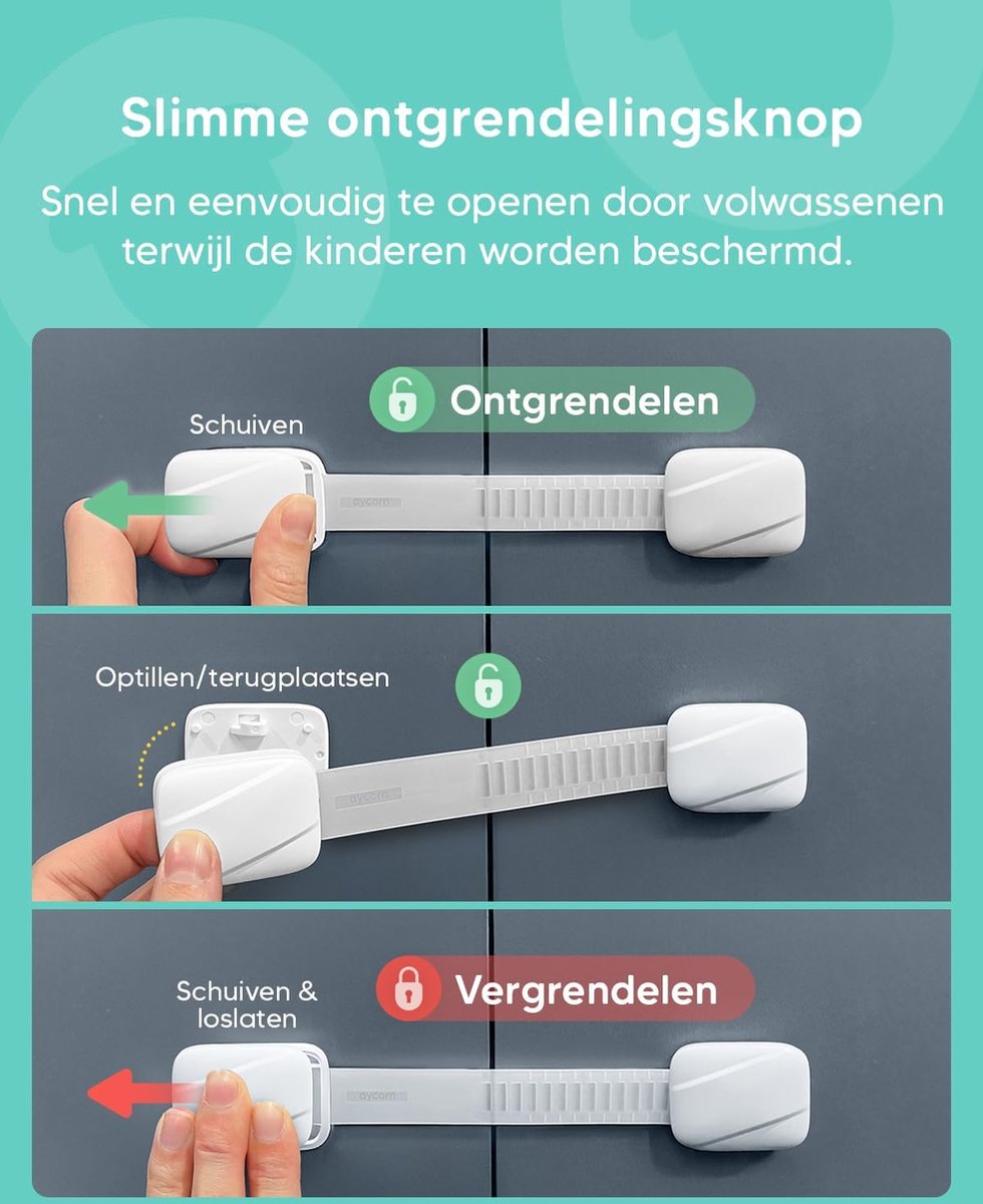 AYCORN Zelfklevend Kinderslot Kastjes voor Baby Veiligheid - 8 Stuks - Kinderbeveiliging Kasten & Lades - Kastsloten – Wit – foto 6