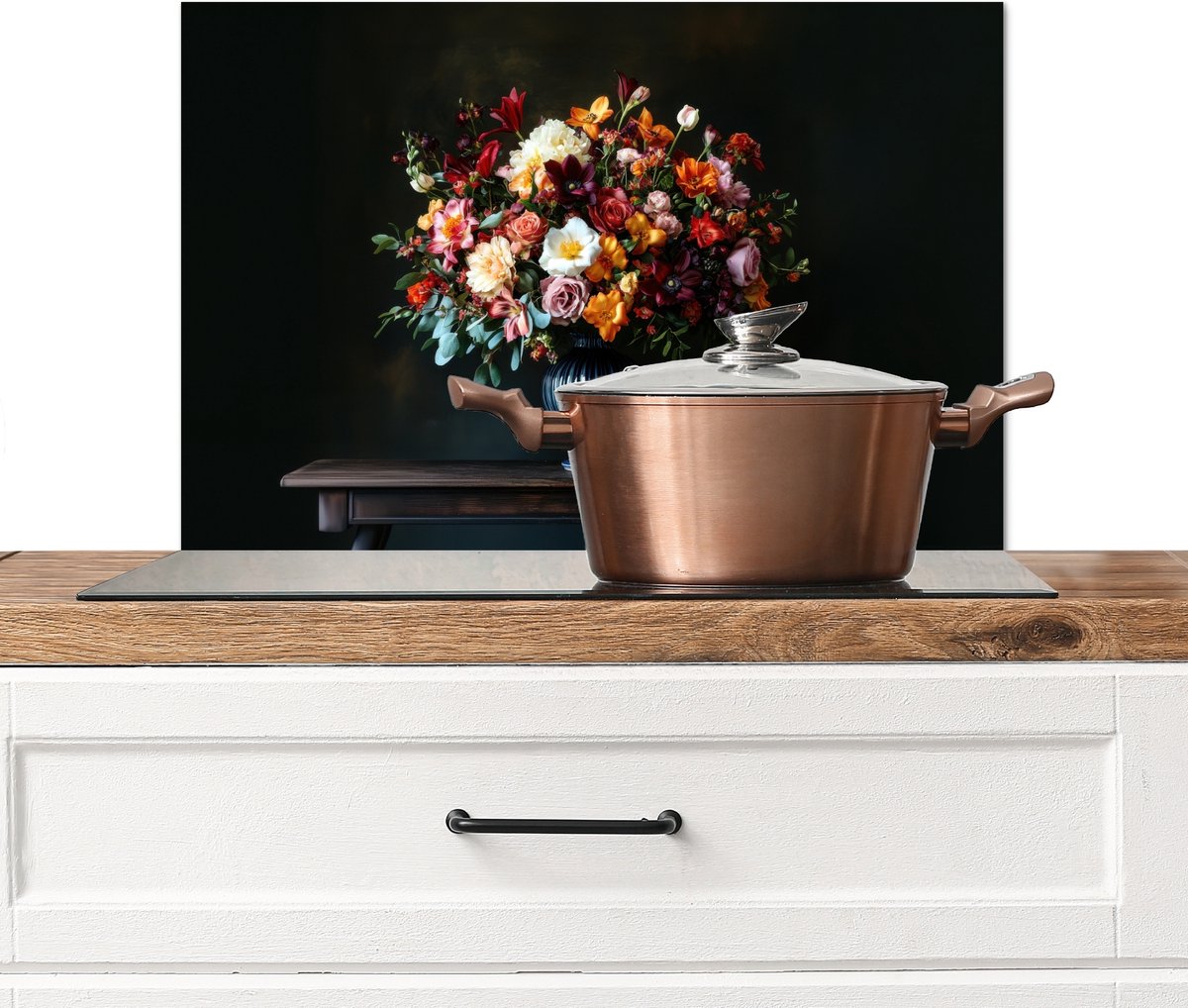 Spatscherm keuken 70x50 cm - Kookplaat achterwand Groot - Bloemen - Vaas - Boeket - Muurbeschermer - Spatwand fornuis - Hoogwaardig aluminium