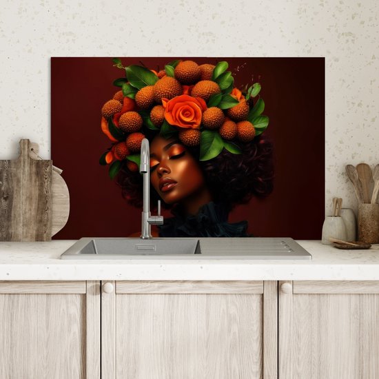 Crédence de Cuisinière en Aluminium 70x50 cm - Femme - litchi - exotique - Écran Pare-éclaboussures pour Plaque de Cuisson - Protection Murale