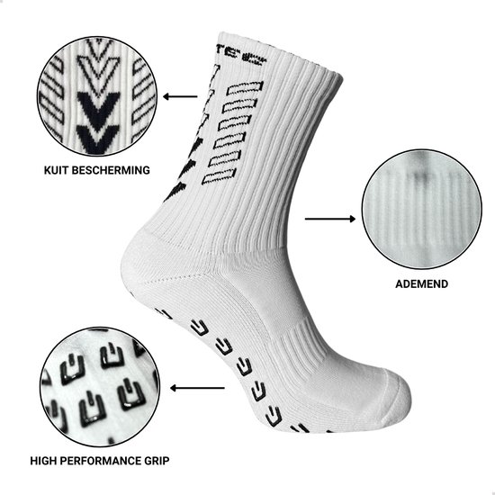 Chaussette de sport blanche à côtes verticales, détails noirs en forme de flèche sur le mollet et motif de grip sur la semelle.