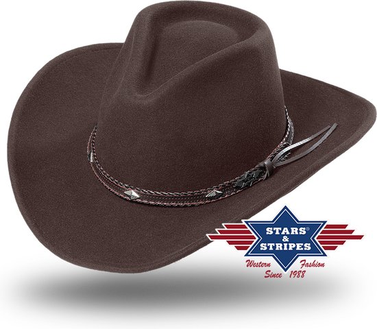 Bruine westernhoed van Stars & Stripes met gevlochten band met zilverkleurige details.