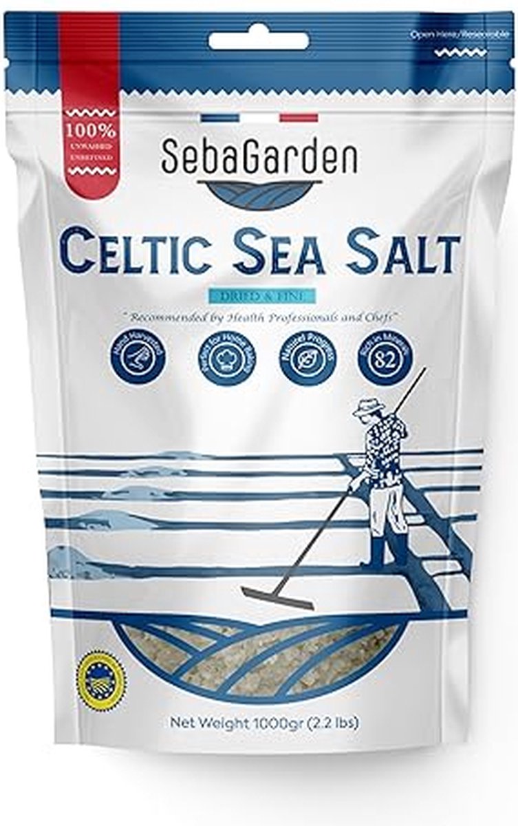 Seba Garden Keltisch Zeezout Grijs, Salt, 1 kg, Gecertificeerd, Biologisch, Hersluitbaar, Zak Grijs Zeezout, Handgeoogst, Bevat meer dan 82 Essentiële Mineralen (Gedroogd & Fijn)