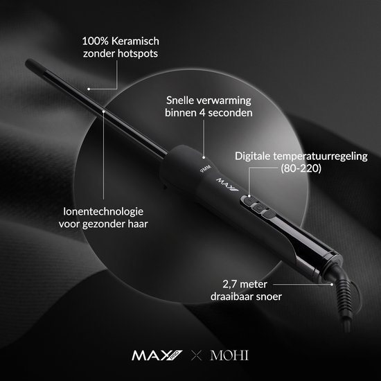 Max Pro Twist 9mm Krultang - Voor Kort en Lang Haar - Curling wand - Zonder Klem - Curler - Met Handschoen - Krultangen