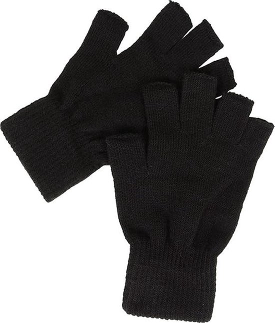 Zwarte gebreide vingerloze handschoenen met een geribbelde manchet.